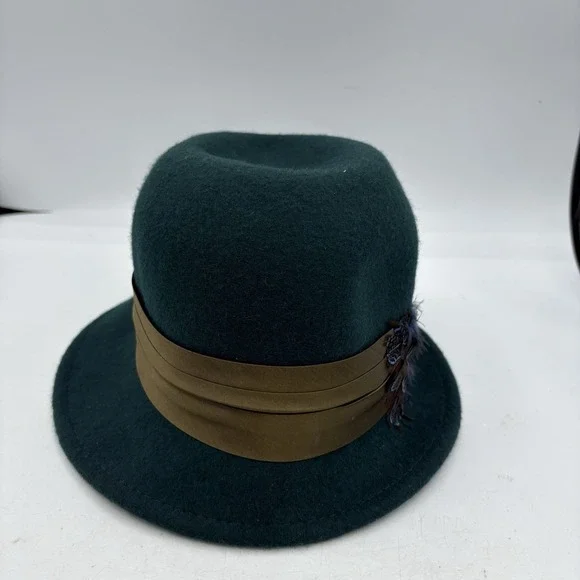 Goorin Bros Fedora Hat Womens Size Medium M 4 Dark Green w Ribbon and Feather - Picture 7 of 8